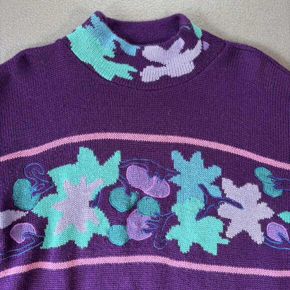VTG 80s Grape Leaf Knit Sweater Womens M Purple Turquoise Retro Floral Pastel - Picture 2 of 12